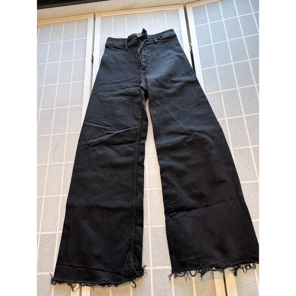 Zara Denim - Zara Women Sz 4 Black High Waist Wide Leg Raw Hem Frayed Denim Barrel Jeans